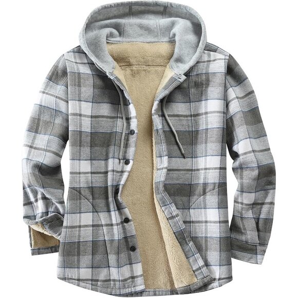 ⭐ Men's Plaid Flannel Shirt Jacket | Sherpa Lined, Hooded, Warm Button-Down - Picture 1 of 7